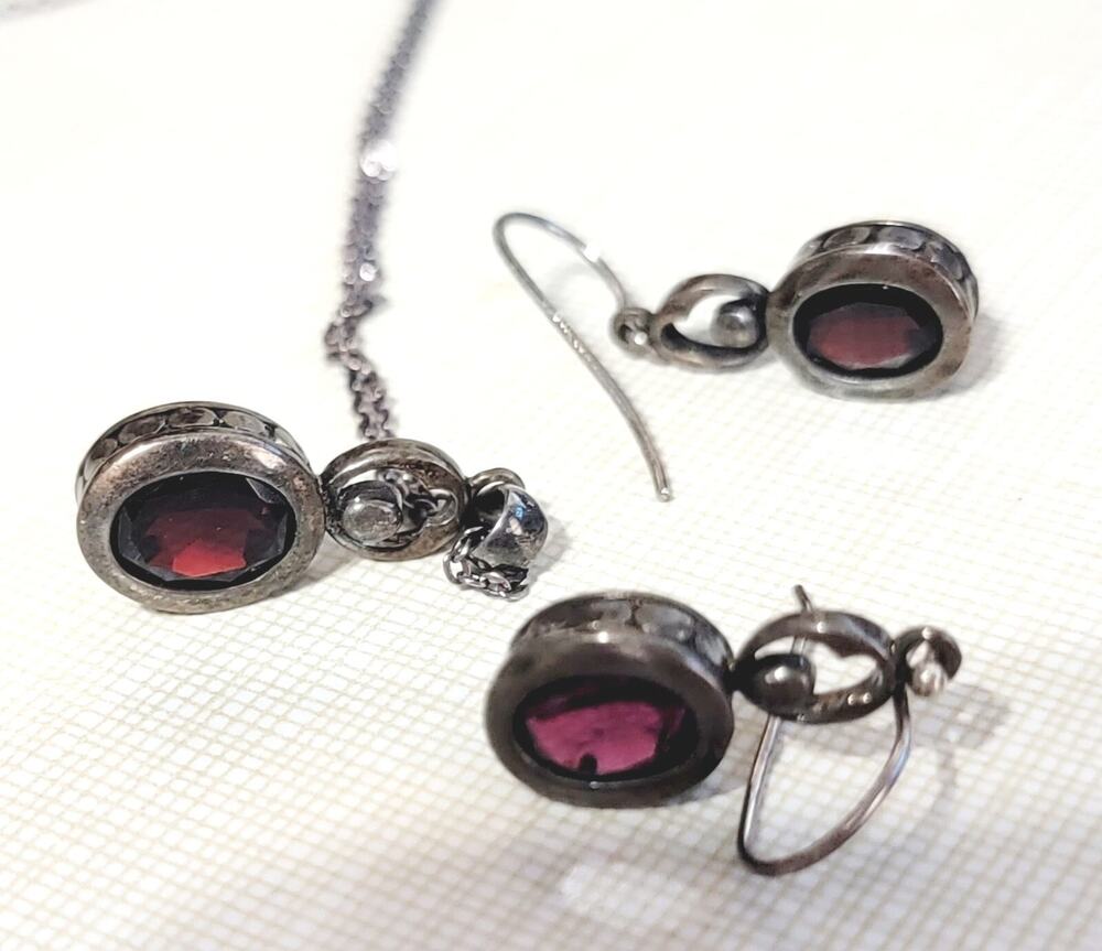 Vintage Sergio Lub Sterling Silver & Garnet Pierced Earrings and Necklace